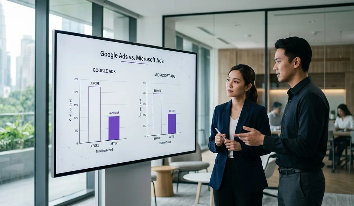 Cost per lead before and after shifting budget to Microsoft Ads