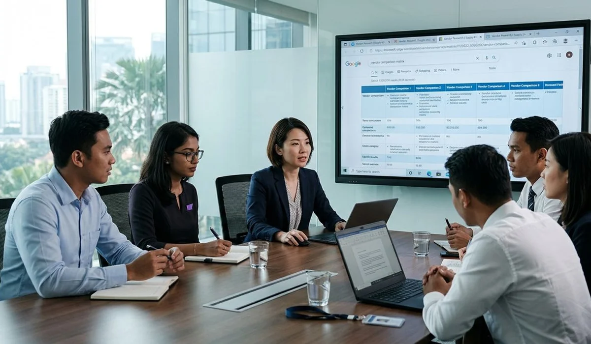 Corporate team researching vendors on Edge
