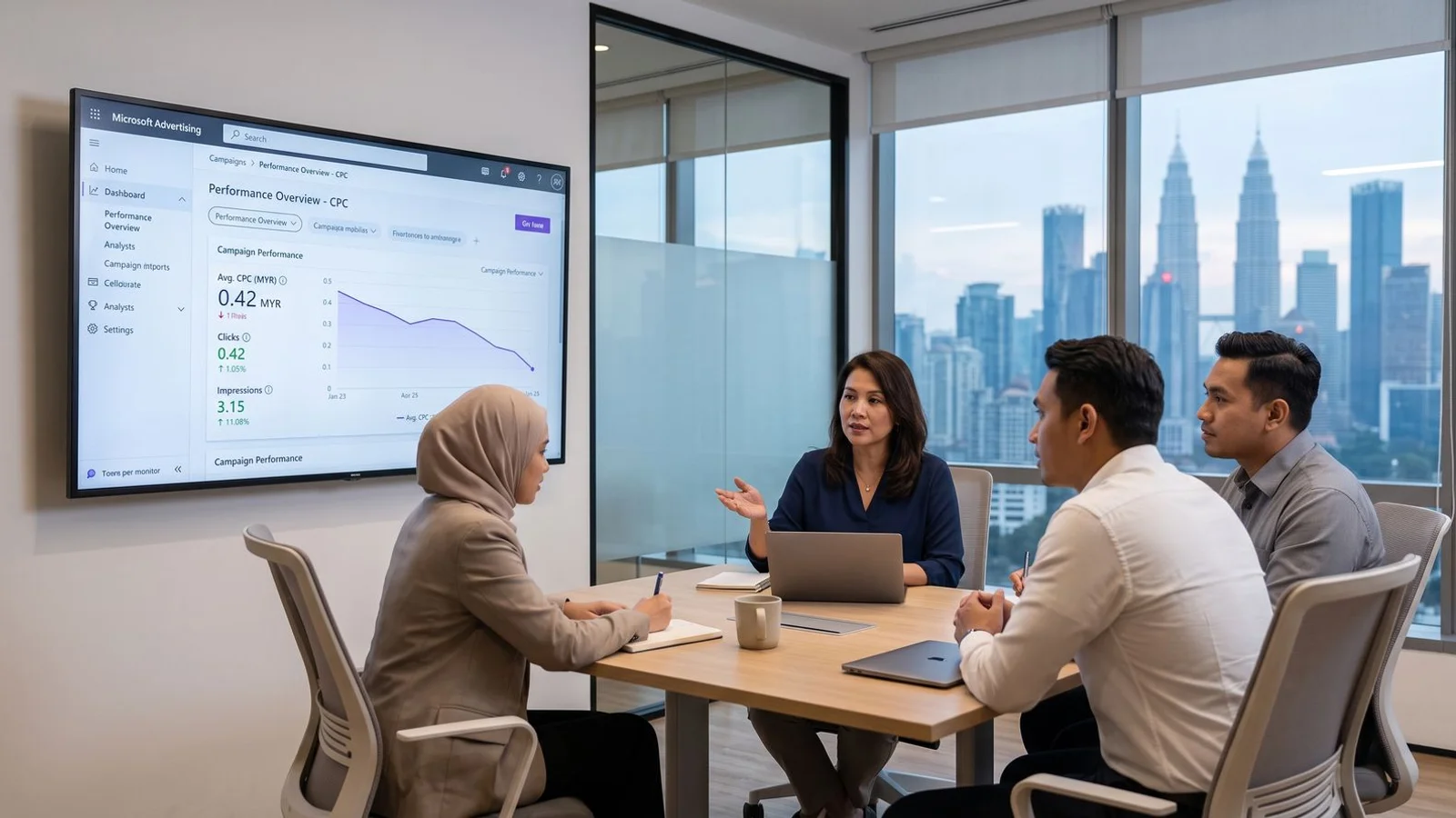 Kuala Lumpur e-commerce team reviewing Microsoft Advertising results