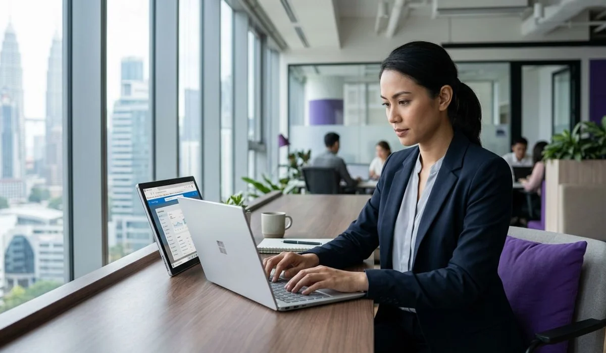Malaysian professional using Microsoft Edge on a Windows laptop